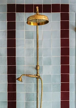 Shower wall with zellige frane pattern in dark red and blue